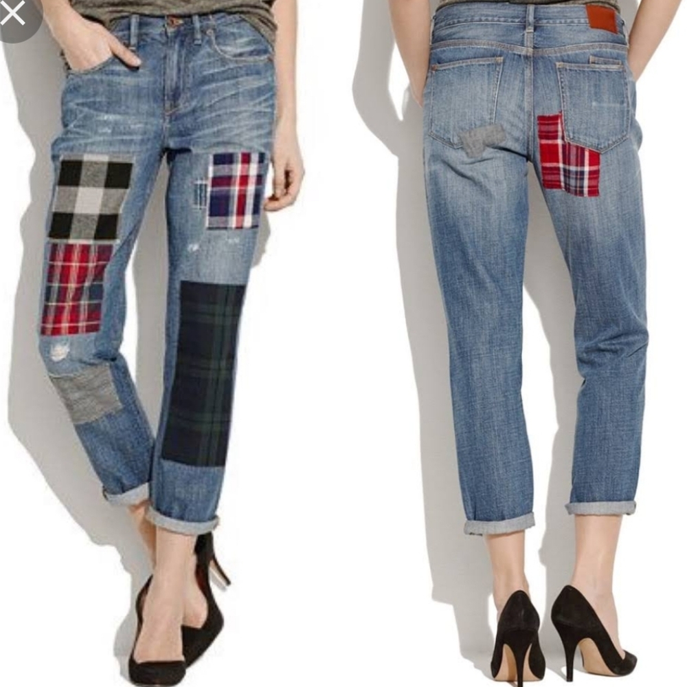 Madewell Slim Relaxed Boy Friend Jean Plaid Patchwork Distressed Size 26